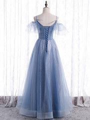 Elegant A line Tulle Sequin Blue Long Corset Prom Dress, Tulle Blue Corset Formal Evening Dress outfit, Party Dress Styling Ideas