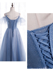 Elegant A line Tulle Sequin Blue Long Corset Prom Dress, Tulle Blue Corset Formal Evening Dress outfit, Party Dresses Shorts