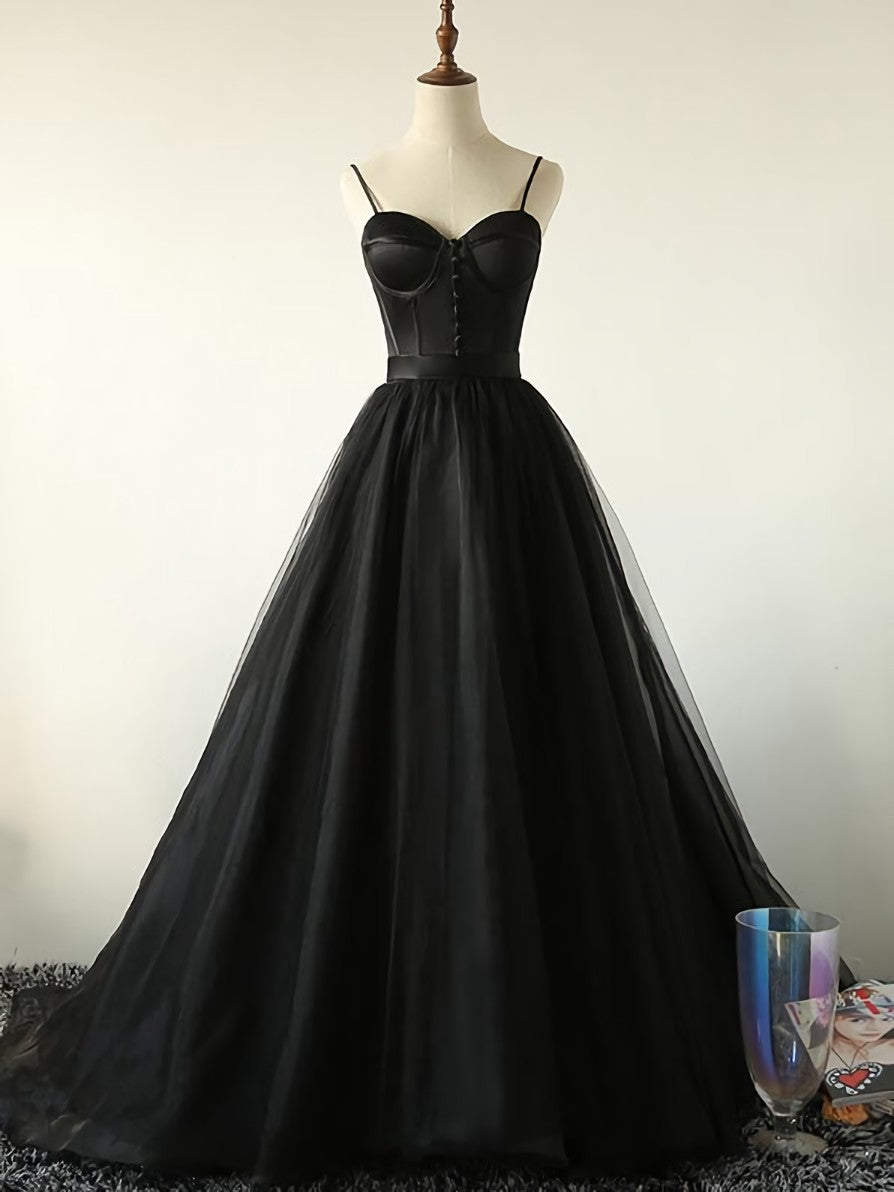 Elegant Black Straps Tulle Sweetheart Corset Prom Dress, Black Party Dress Outfits, Semi Dress