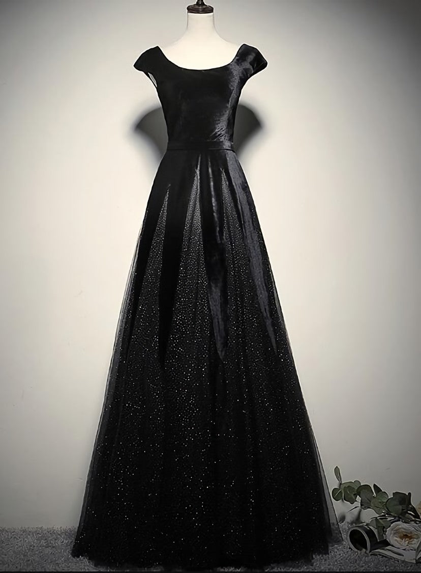 Elegant Black Velvet Cap Sleeves Evening Dress, Black Corset Prom Dress outfits, Simple Dress