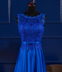 Elegant Blue Satin A-line Long Corset Prom Dress , Corset Bridesmaid Dress for Sale outfits, Evening Dresses Store