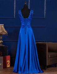 Elegant Blue Satin A-line Long Corset Prom Dress , Corset Bridesmaid Dress for Sale outfits, Evening Dresses Short