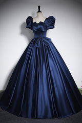 Elegant Blue Satin Corset Prom Dresses, Square Neckline Puffy Short Sleeve Bow Backless Floor-Length Corset Formal Dresses outfit, Prom Dress Purple