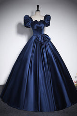 Elegant Blue Satin Corset Prom Dresses, Square Neckline Puffy Short Sleeve Bow Backless Floor-Length Corset Formal Dresses outfit, Prom Dresses For Curvy Figure
