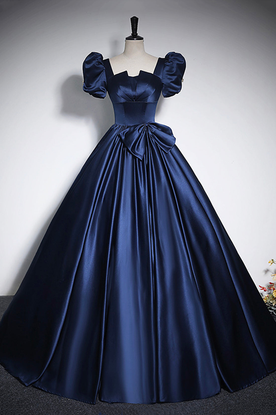 Elegant Blue Satin Corset Prom Dresses, Square Neckline Puffy Short Sleeve Bow Backless Floor-Length Corset Formal Dresses outfit, Prom Dresses Long Mermaide