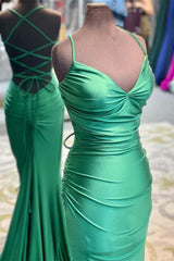 Elegant Green Mermaid Spaghetti Straps Long Corset Prom Dresses outfit, Bridesmaids Dress Gold
