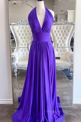 Elegant Halter Neck Backless Purple Long Corset Prom Dress, Backless Purple Corset Formal Graduation Evening Dress outfit, Bridesmaid Dresses Designers