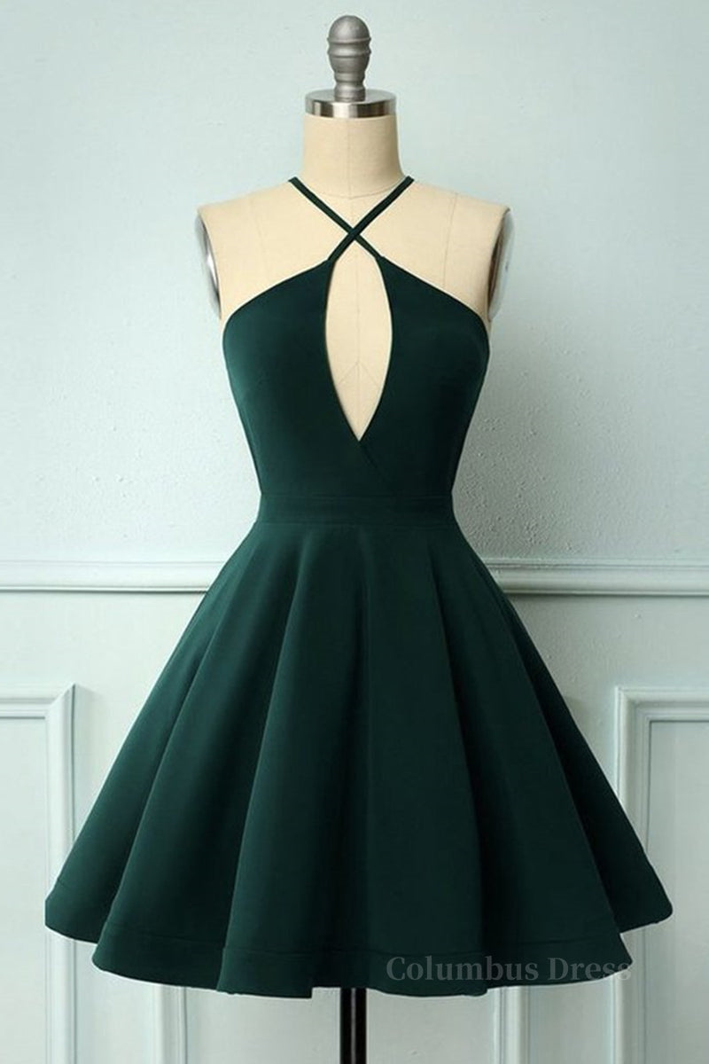 Elegant Halter Neck Dark Green Short Corset Prom Dress, Dark Green Corset Formal Graduation Corset Homecoming Dress outfit, Formal Dresses For Ladies Over 55