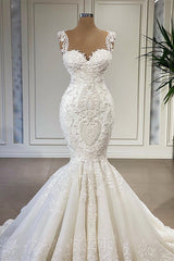 Elegant Ivory Long Mermaid Sweetheart Ruffles Lace Corset Wedding Dresses outfit, Wedding Dresses With Straps