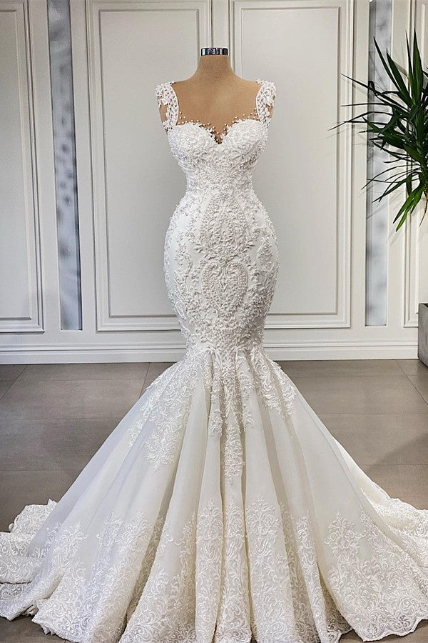 Elegant Ivory Long Mermaid Sweetheart Ruffles Lace Corset Wedding Dresses outfit, Wedding Dress With Strap