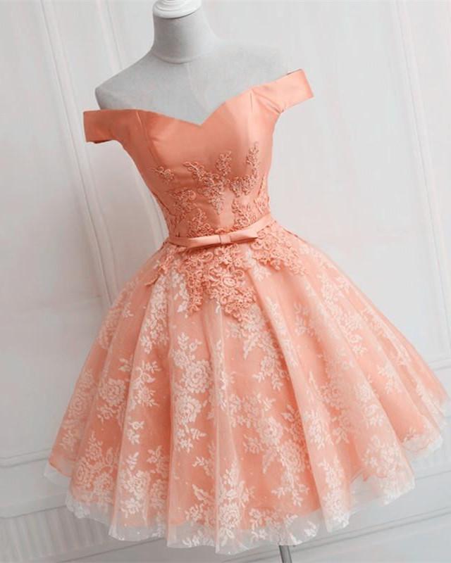 Elegant Lace Appliques Satin Off The Shoulder Corset Homecoming Dress Short Gowns, Prom Dress Corset