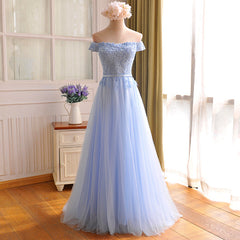 Elegant Light Blue Lace Applique Top Long Party Dress, Off Shoulder Corset Bridesmaid Dress outfit, Prom Dress Black