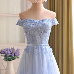 Elegant Light Blue Lace Applique Top Long Party Dress, Off Shoulder Corset Bridesmaid Dress outfit, Open Back Prom Dress