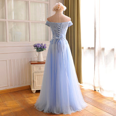 Elegant Light Blue Lace Applique Top Long Party Dress, Off Shoulder Corset Bridesmaid Dress outfit, Prom Pictures