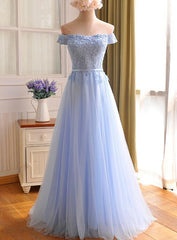 Elegant Light Blue Lace Applique Top Long Party Dress, Off Shoulder Corset Bridesmaid Dress outfit, Summer Wedding Guest Dress