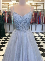 Elegant Light Blue Tulle V-neck Spaghetti Straps Lace Long Corset Prom Dresses outfit, Prom Dresses Pieces