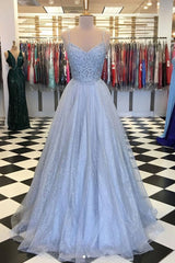 Elegant Light Blue Tulle V-neck Spaghetti Straps Lace Long Corset Prom Dresses outfit, Prom Dress Piece