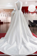 Elegant Long A-line V Neck Satin Ruffles Open Back Corset Wedding Dresses outfit, Wedding Dress Fabric