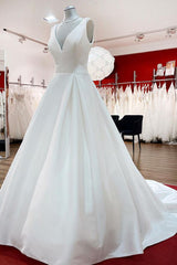 Elegant Long A-line V Neck Satin Ruffles Open Back Corset Wedding Dresses outfit, Wedding Dresses Fabric