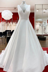 Elegant Long A-line V Neck Satin Ruffles Open Back Corset Wedding Dresses outfit, Wedding Dress Fabrics