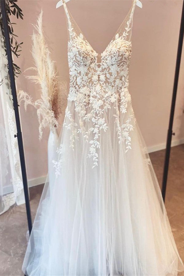 Elegant Long A-line V-neck Tulle Appliques Lace Open Back Corset Wedding Dress outfit, Wedding Dress Girl