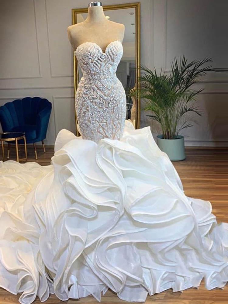 Elegant Long Mermaid Sweetheart Lace Up Crystal Corset Wedding Dresses outfit, Wedding Dresses Sleeved