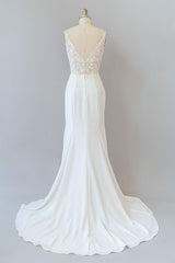 Elegant Long Mermaid V-neck Lace Backless Corset Wedding Dress outfit, Wedding Dress With Pockets