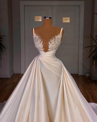 Elegant Long Mermaid V-neck Spaghetti Strap Satin Lace Corset Wedding Dress outfit, Wedding Dress Southern
