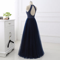 Elegant Navy Blue Halter Beaded Long Evening Dress, Corset Prom Dress outfits, Party Dress Indian