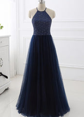 Elegant Navy Blue Halter Beaded Long Evening Dress, Corset Prom Dress outfits, Party Dresses Indian