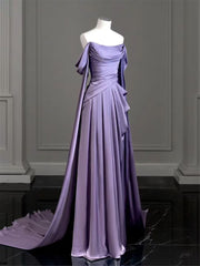 Elegant Purple Satin Corset Prom Dress, Draped Bodice Corset Formal Party Dress Outfits, Party Dress With Sleeves