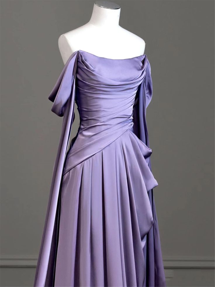 Elegant Purple Satin Corset Prom Dress, Draped Bodice Corset Formal Party Dress Outfits, Party Dress Sleeve