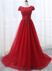 Elegant Red Tulle Long Corset Prom Dress with Lace Applique, Red Party Gowns Outfits, Long Prom Dress