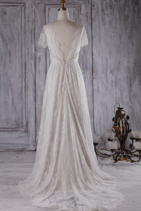 Elegant Short Sleeve A-line Lace Corset Wedding Dress outfit, Wedding Dress Online Shops