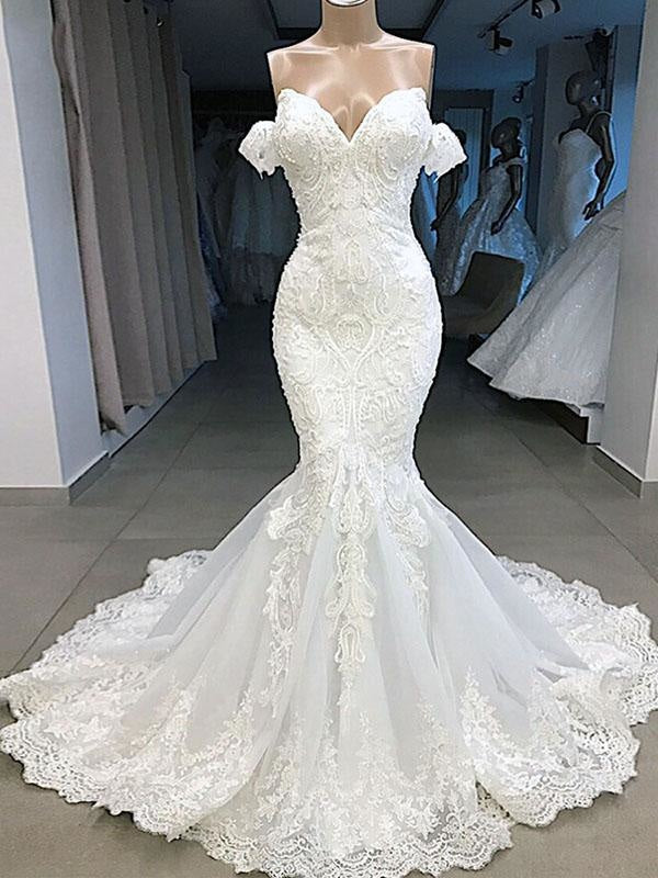 Elegant Sweetheart Short Sleeves Lace Mermaid Corset Wedding Dresses outfit, Wedding Dresses Style