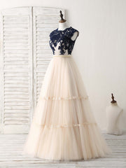 Elegant Tulle Lace Applique Long Corset Prom Dress Tulle Evening Dress outfit, Bridesmaids Dress Champagne