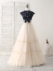 Elegant Tulle Lace Applique Long Corset Prom Dress Tulle Evening Dress outfit, Bridesmaid Dress Champagne