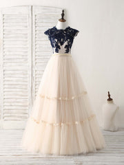 Elegant Tulle Lace Applique Long Corset Prom Dress Tulle Evening Dress outfit, Bridesmaids Dresses Champagne