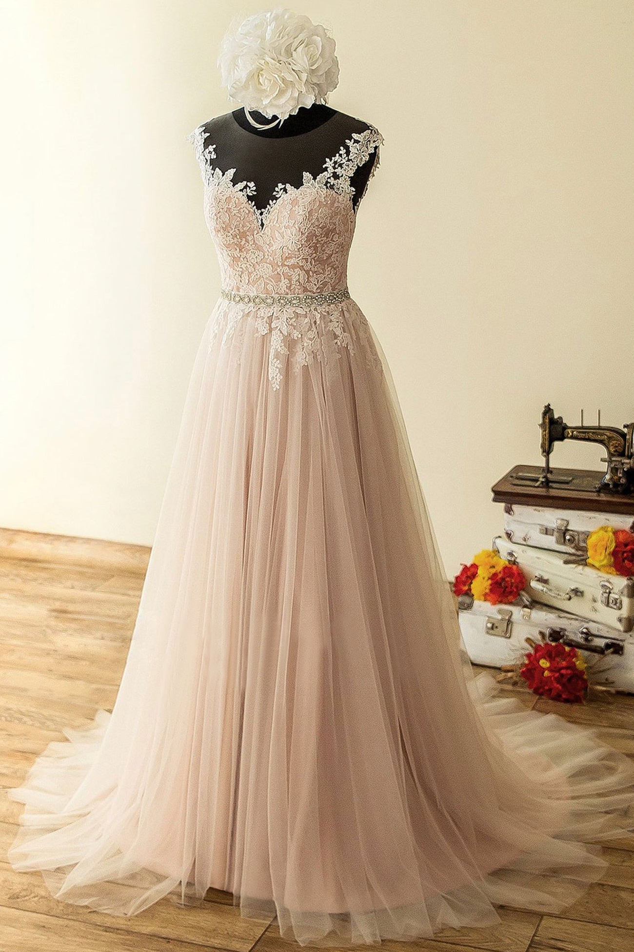 Elegant Tulle Lace Long Corset Prom Dress, A-Line Scoop Neckline Evening Dress outfit, Shirt Dress