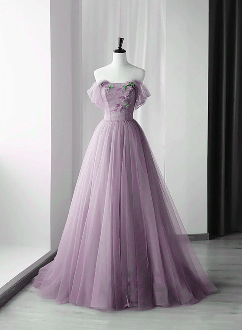 Elegant Tulle Long Party Dress with Flowers, A-line Tulle Evening Dress Corset Prom Dress outfits, Evening Dresses Midi