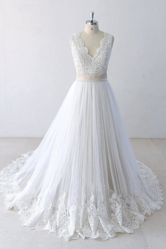 Elegant V-neck Lace Tulle A-line Corset Wedding Dress outfit, Wedding Dresses With Color