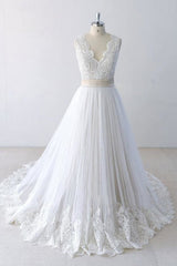 Elegant V-neck Lace Tulle A-line Corset Wedding Dress outfit, Wedding Dresses With Color