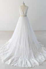 Elegant V-neck Lace Tulle A-line Corset Wedding Dress outfit, Wedding Dress Backless
