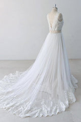 Elegant V-neck Lace Tulle A-line Corset Wedding Dress outfit, Wedding Dresses Backless