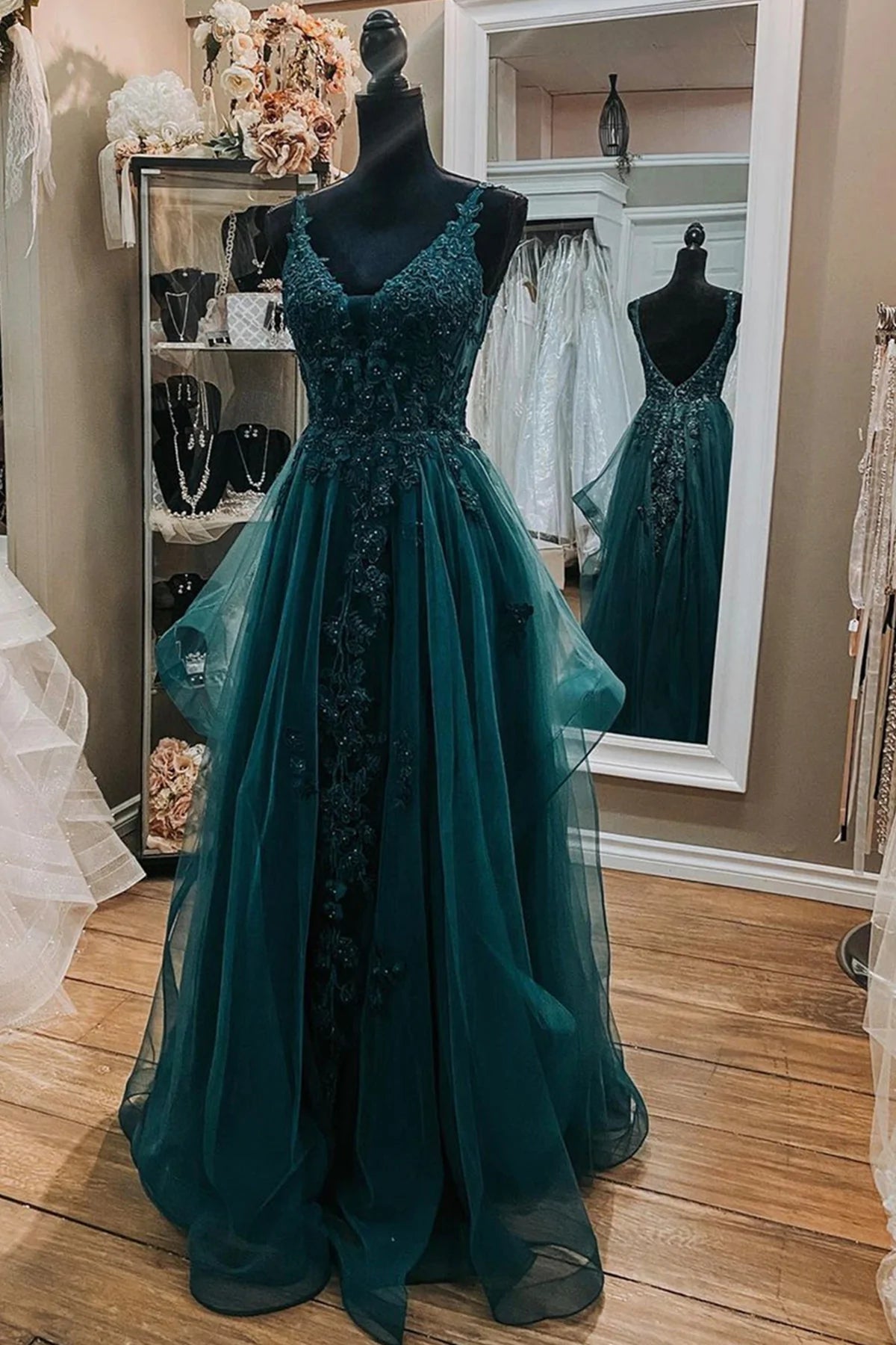 Elegant V Neck Open Back Dark Green Lace Beaded Long Corset Prom Dresses outfit, Bridesmaid Dresses Blue