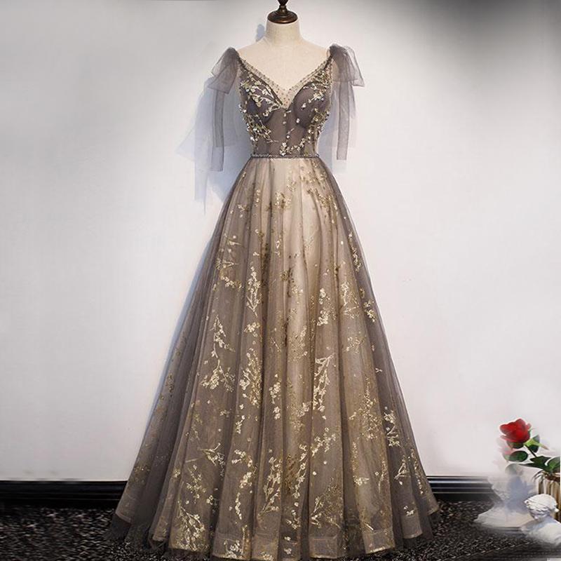 Elegant V-neck Organza Grey Lace A-line Spaghetti Straps Lace-up Back Long Corset Prom Dress outfits, Prom Dresses 2034 Black