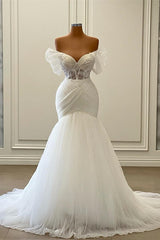 Elegant White Long Mermaid Off the Shoulder Tulle Lace Corset Wedding Dresses outfit, Wedding Dress Order Online