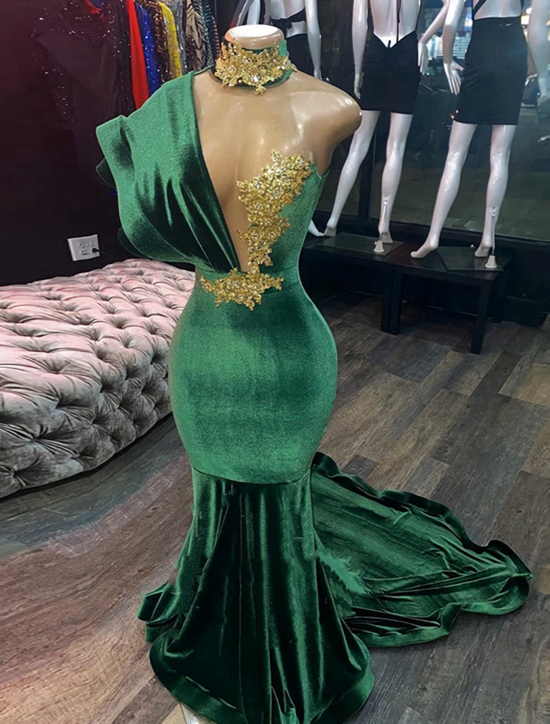 Emerald Green Evening Dresses High Neck Appliques Gold Lace Mermaid Corset Prom Dresses Sexy Corset Formal Velvet Party Gowns Outfits, Party Dress Luxury