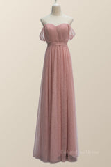 Empire Blush Pink Tulle A-line Long Corset Bridesmaid Dress outfit, Party Dress High Neck