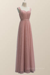 Empire Blush Pink Tulle A-line Long Corset Bridesmaid Dress outfit, Party Outfit Night